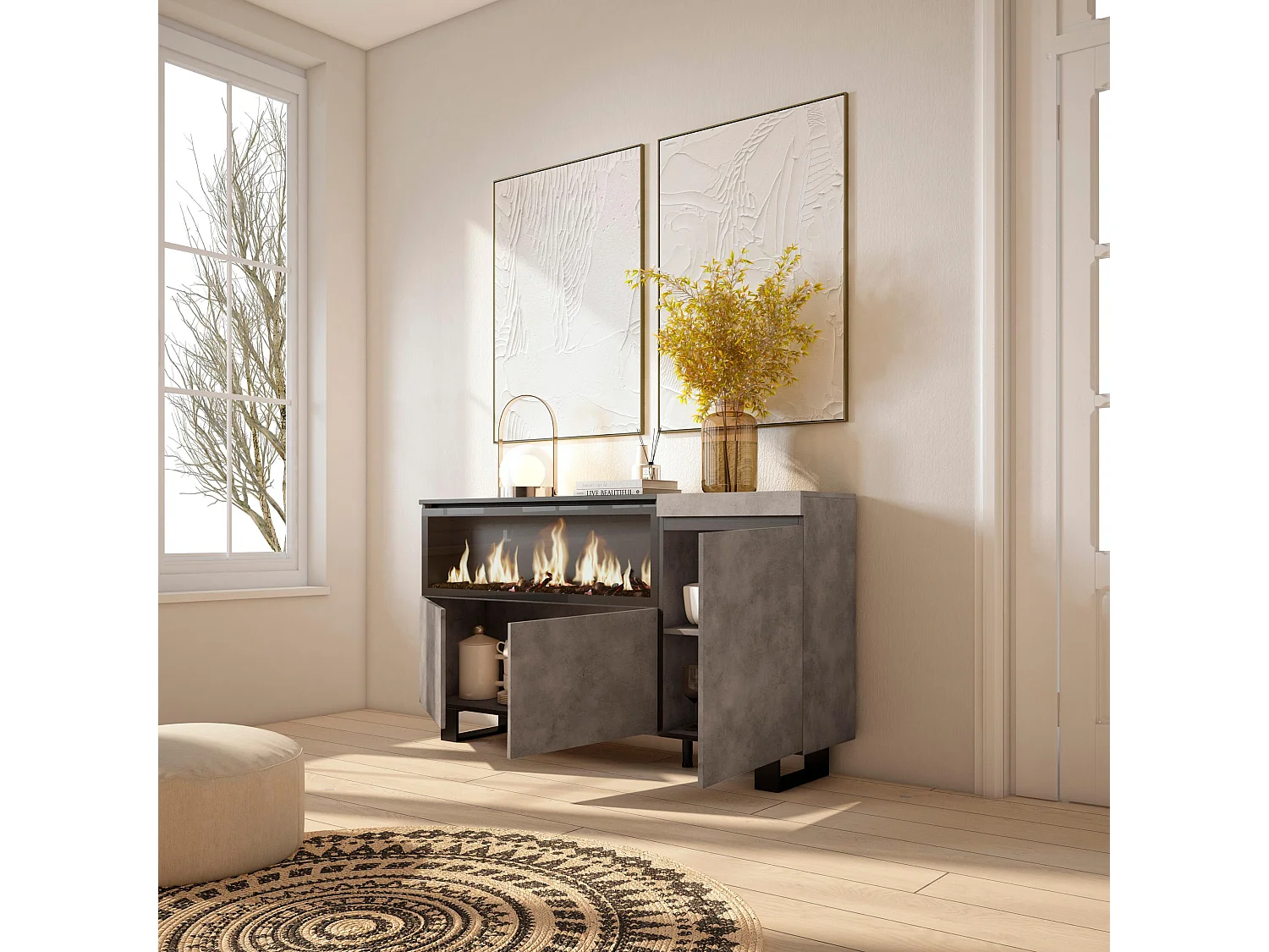 Buffet salon et cuisine, 158x35x87cm, 3 Portes, Cheminée électrique XXL, Design industriel, Ciment