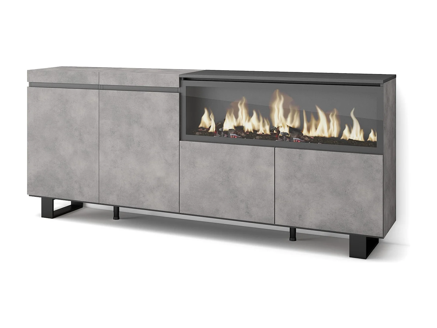 Buffet salon et cuisine, 208x35x87cm, 4 Portes, Cheminée électrique XXL, Design industriel, Ciment