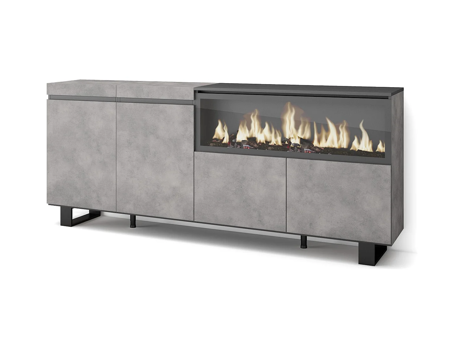 Buffet salon et cuisine, 208x35x87cm, 4 Portes, Cheminée électrique XXL, Design industriel, Ciment