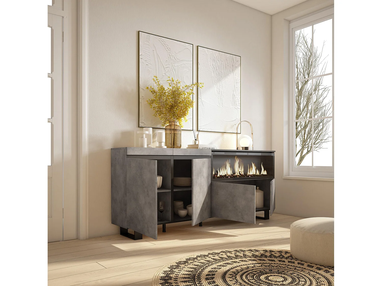 Dressoir, Opbergkast, 208x35x87cm, 4 Deuren, Elektrische haard XXL, Industrieel design, Cement