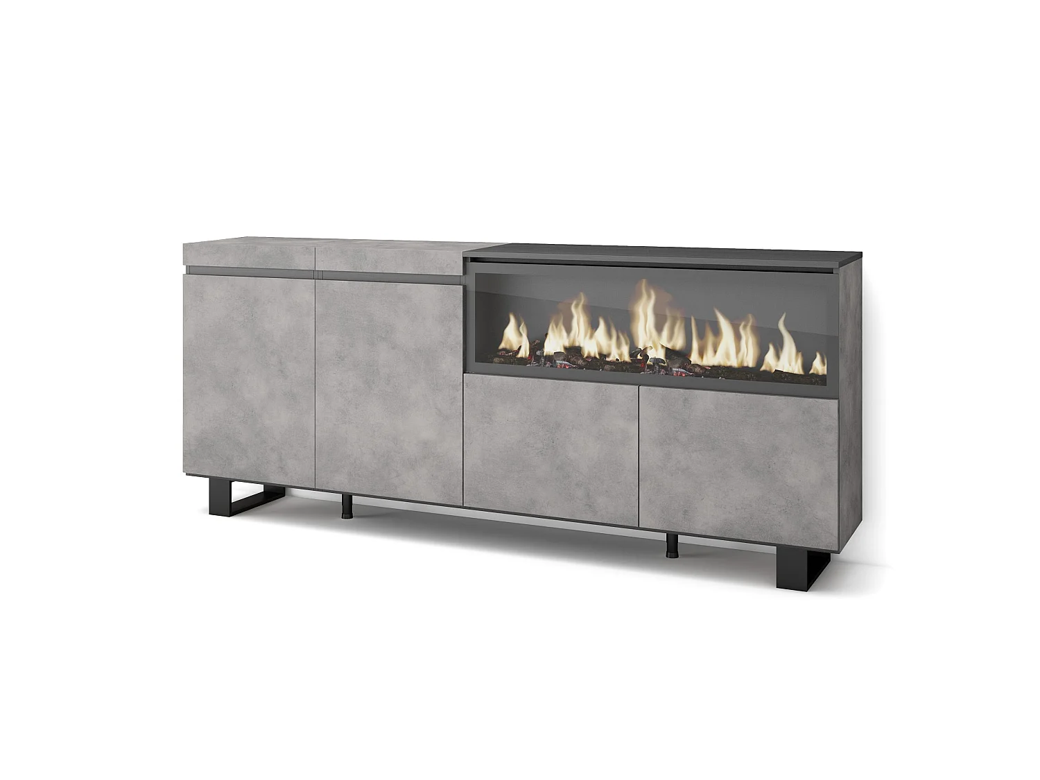 Buffet salon et cuisine, 208x35x87cm, 4 Portes, Cheminée électrique XXL, Design industriel, Ciment