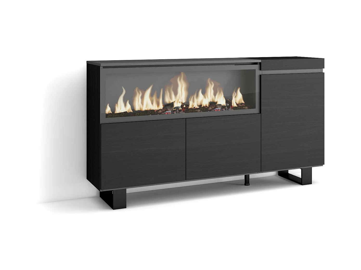 Buffet salon et cuisine, 158x35x87cm, 3 Portes, Cheminée électrique XXL, Design industriel, Noir