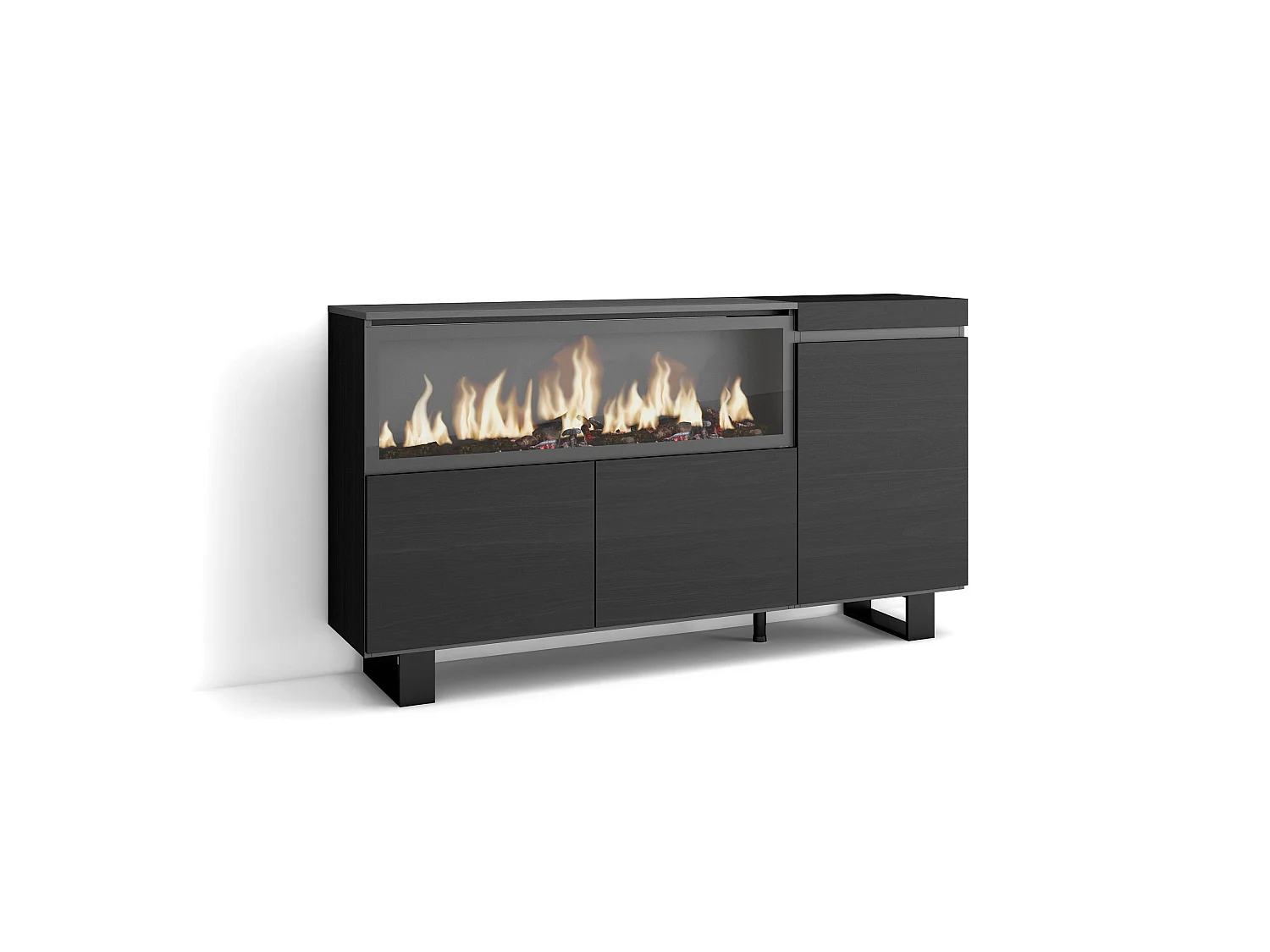 Dressoir, Opbergkast, 158x35x87cm, 3 Deuren, Elektrische haard XXL, Industrieel design, Zwart