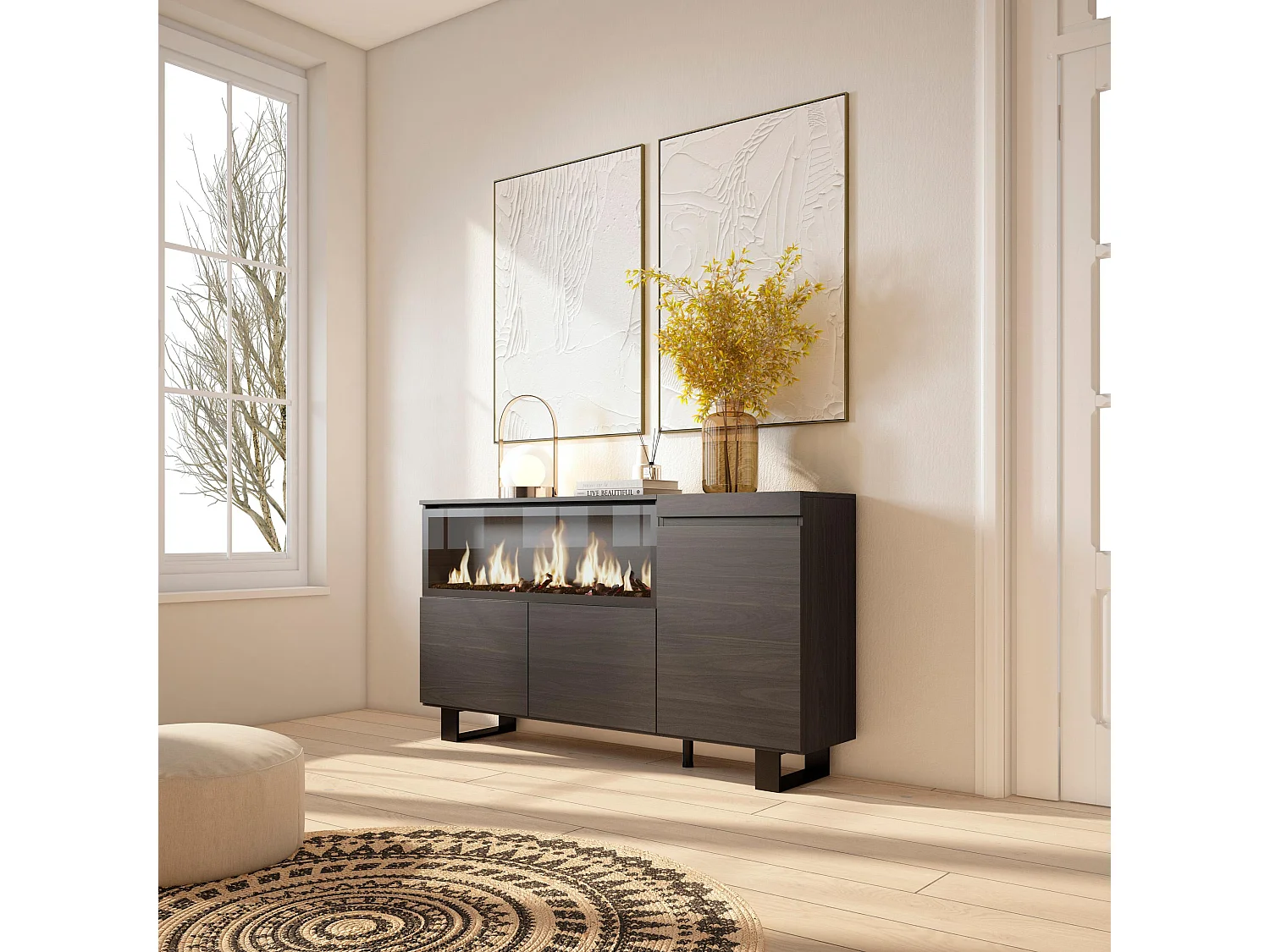 Dressoir, Opbergkast, 158x35x87cm, 3 Deuren, Elektrische haard XXL, Industrieel design, Zwart