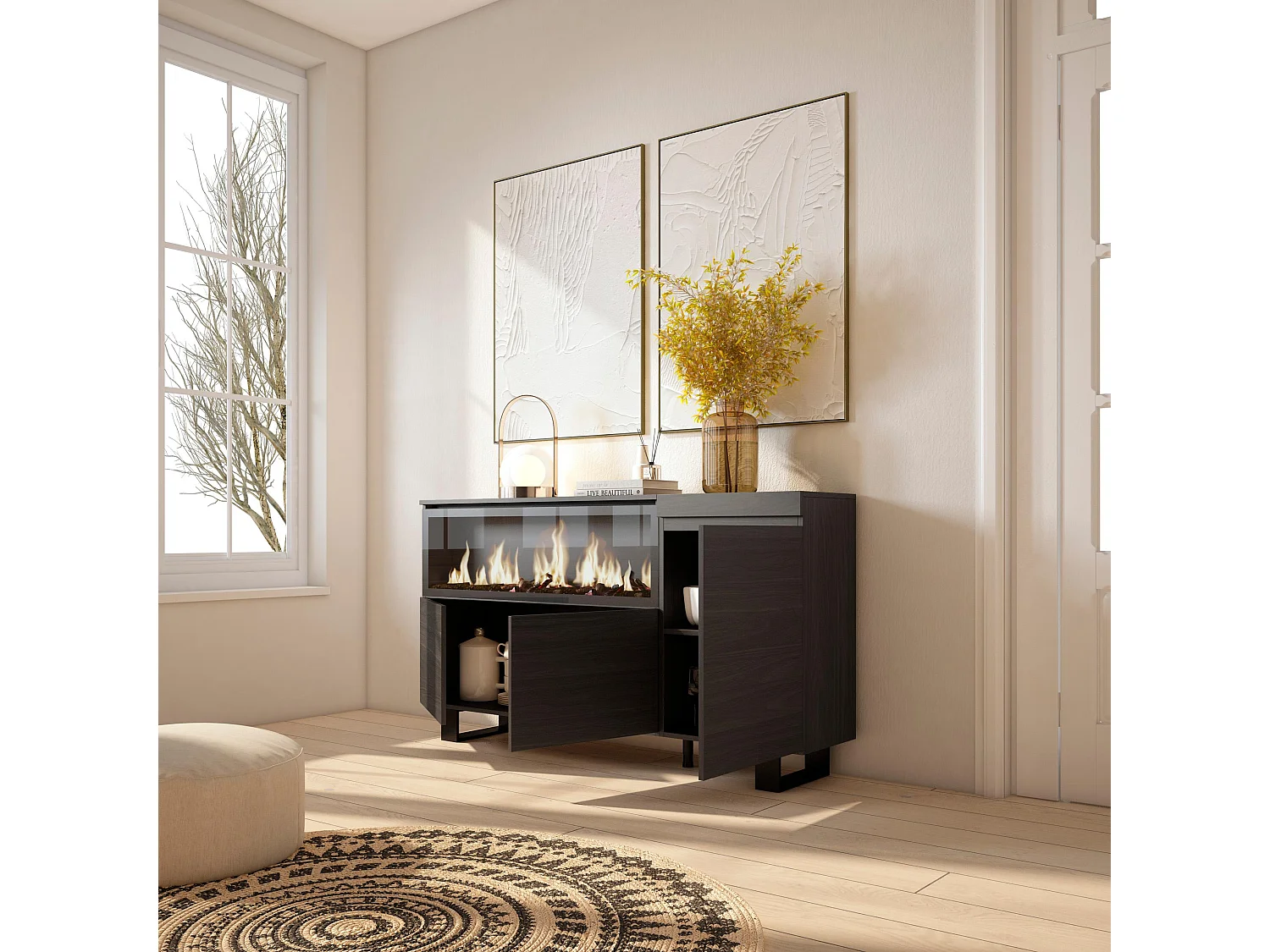 Dressoir, Opbergkast, 158x35x87cm, 3 Deuren, Elektrische haard XXL, Industrieel design, Zwart