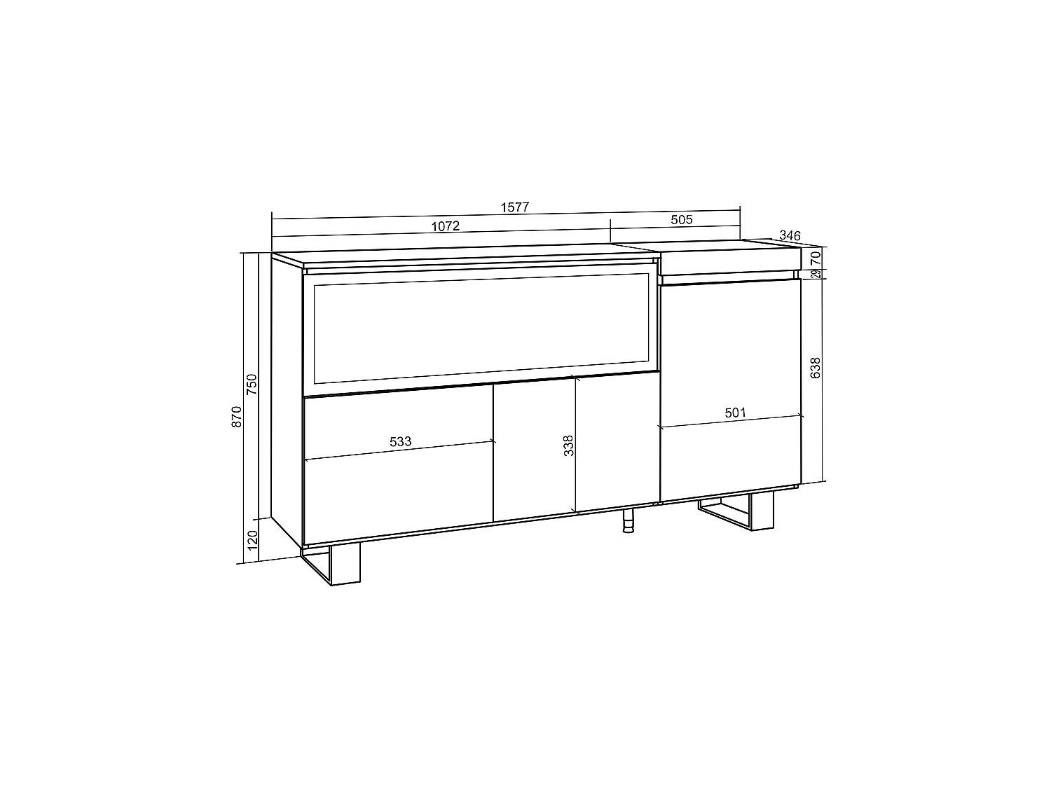 Dressoir, Opbergkast, 158x35x87cm, 3 Deuren, Elektrische haard XXL, Industrieel design, Zwart