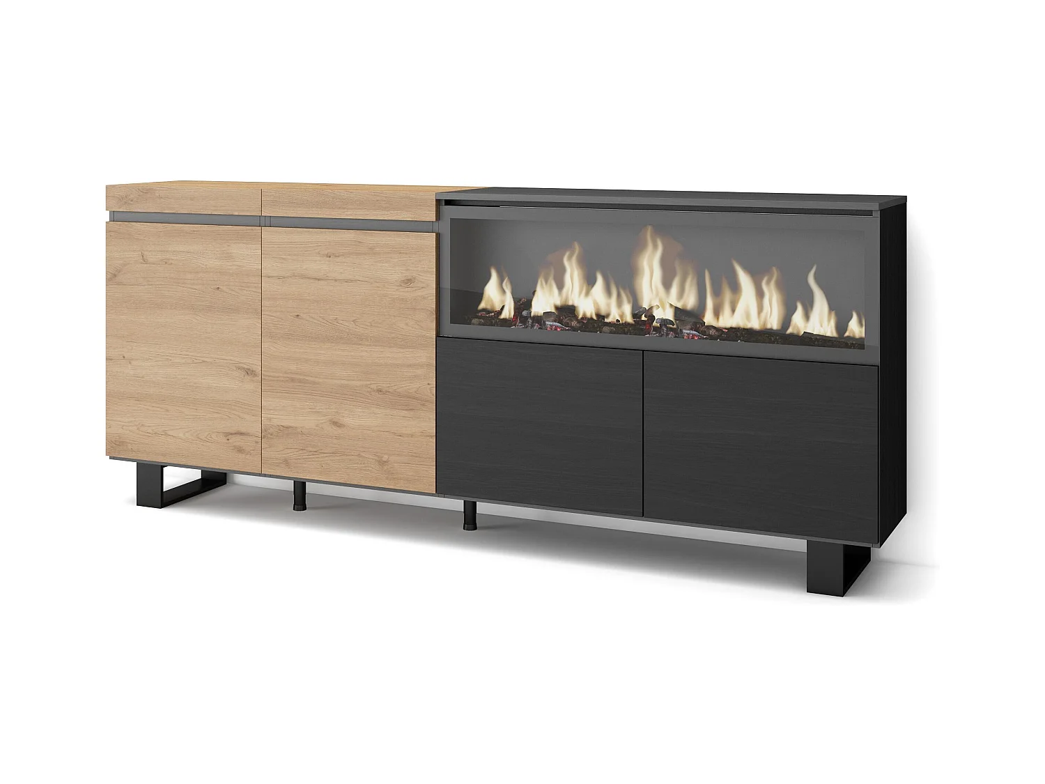Buffet salon et cuisine, 208x35x87cm, 4 Portes, Cheminée électrique XXL, Design industriel, Chêne et noir