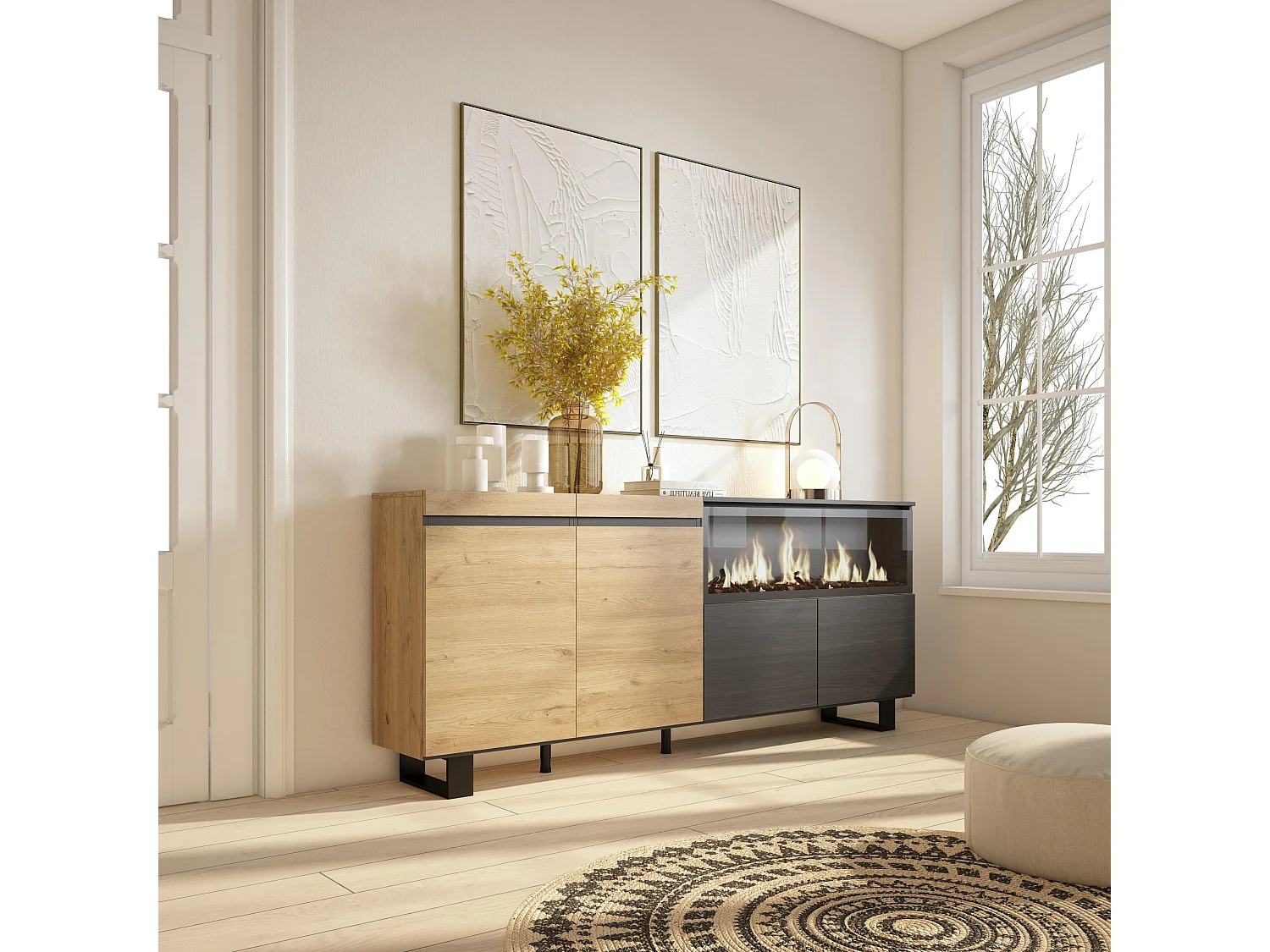 Buffet salon et cuisine, 208x35x87cm, 4 Portes, Cheminée électrique XXL, Design industriel, Chêne et noir