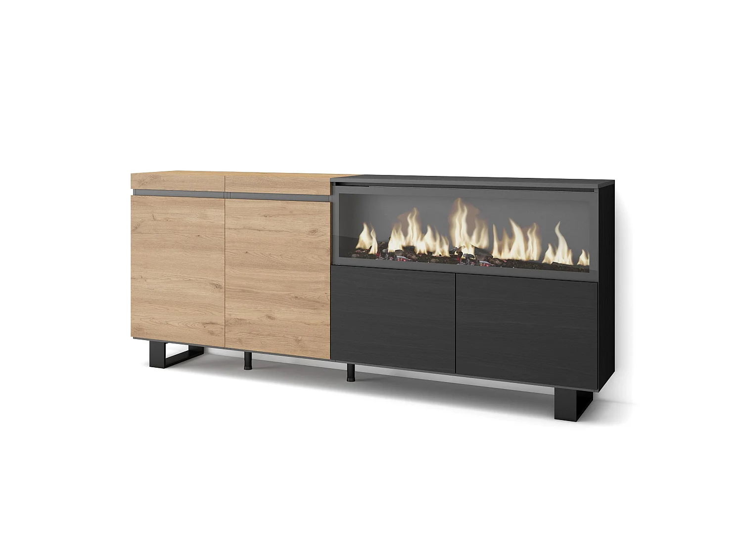 Buffet salon et cuisine, 208x35x87cm, 4 Portes, Cheminée électrique XXL, Design industriel, Chêne et noir