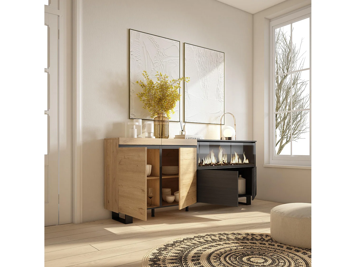 Buffet salon et cuisine, 208x35x87cm, 4 Portes, Cheminée électrique XXL, Design industriel, Chêne et noir