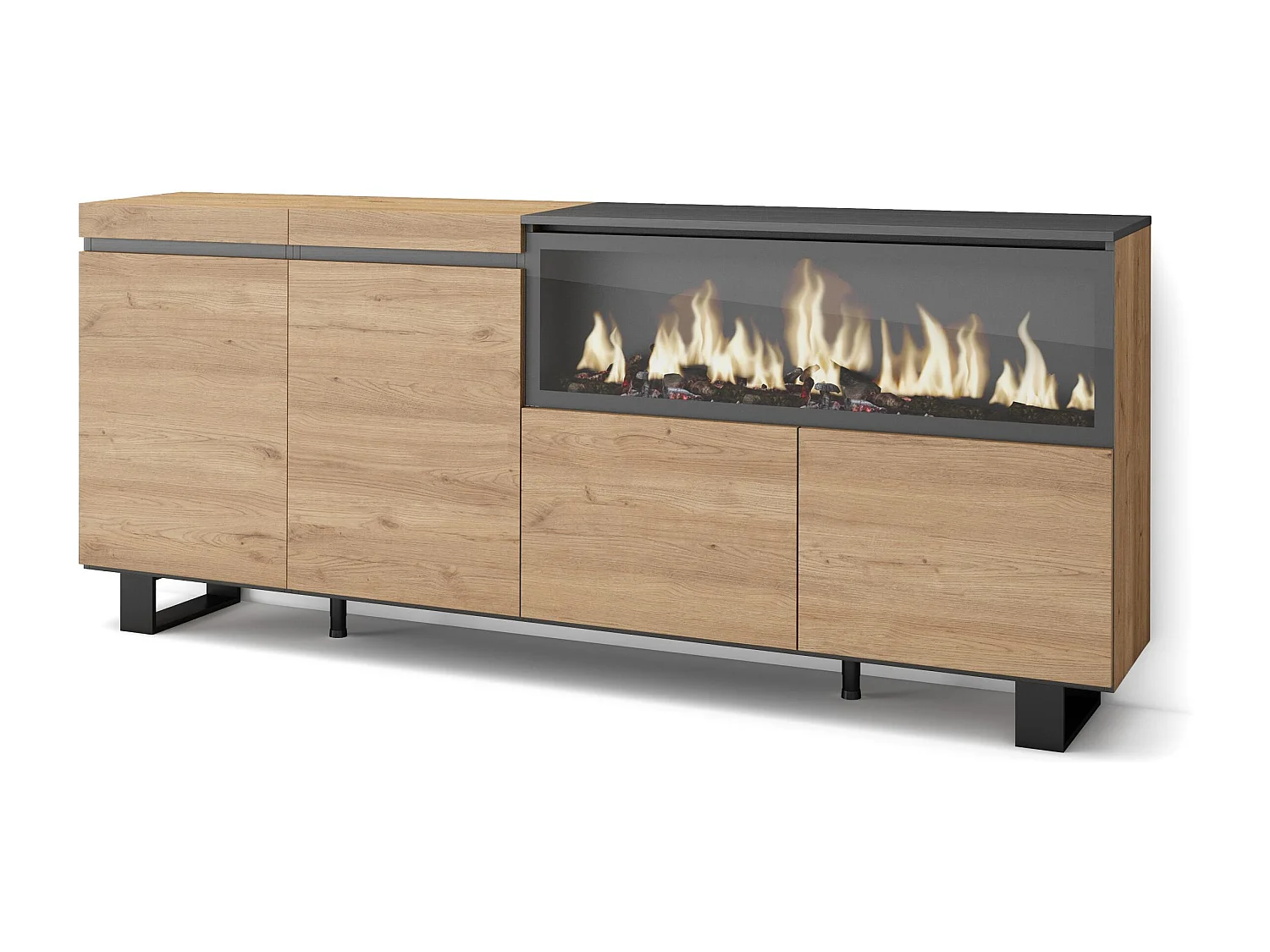 Buffet salon et cuisine, 208x35x87cm, 4 Portes, Cheminée électrique XXL, Design industriel, Chêne