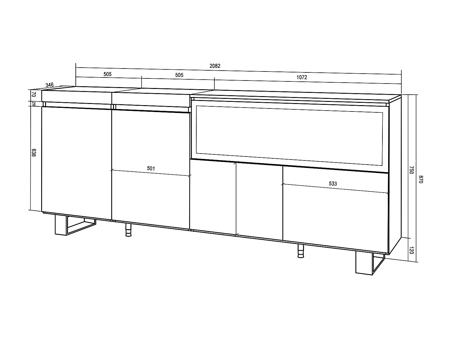 Buffet salon et cuisine, 208x35x87cm, 4 Portes, Cheminée électrique XXL, Design industriel, Chêne