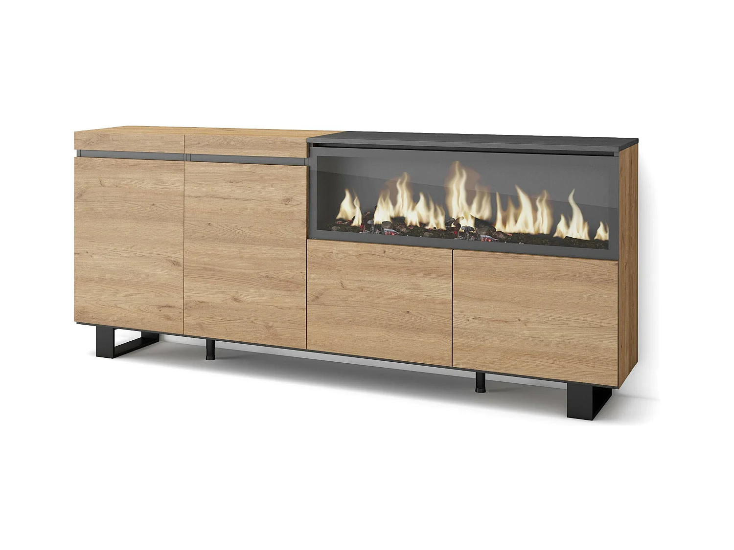 Buffet salon et cuisine, 208x35x87cm, 4 Portes, Cheminée électrique XXL, Design industriel, Chêne