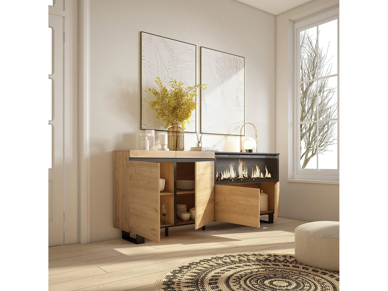 Buffet salon et cuisine, 208x35x87cm, 4 Portes, Cheminée électrique XXL, Design industriel, Chêne