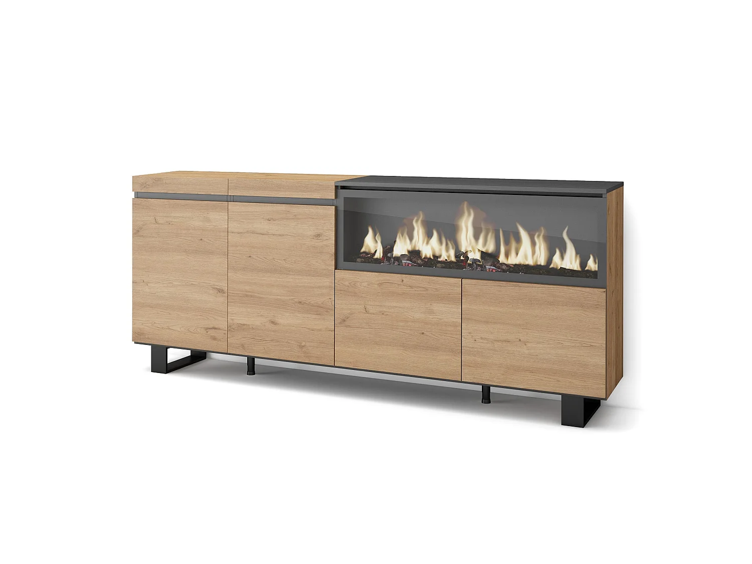 Dressoir, Opbergkast, 208x35x87cm, 4 Deuren, Elektrische haard XXL, Industrieel design, Eiken