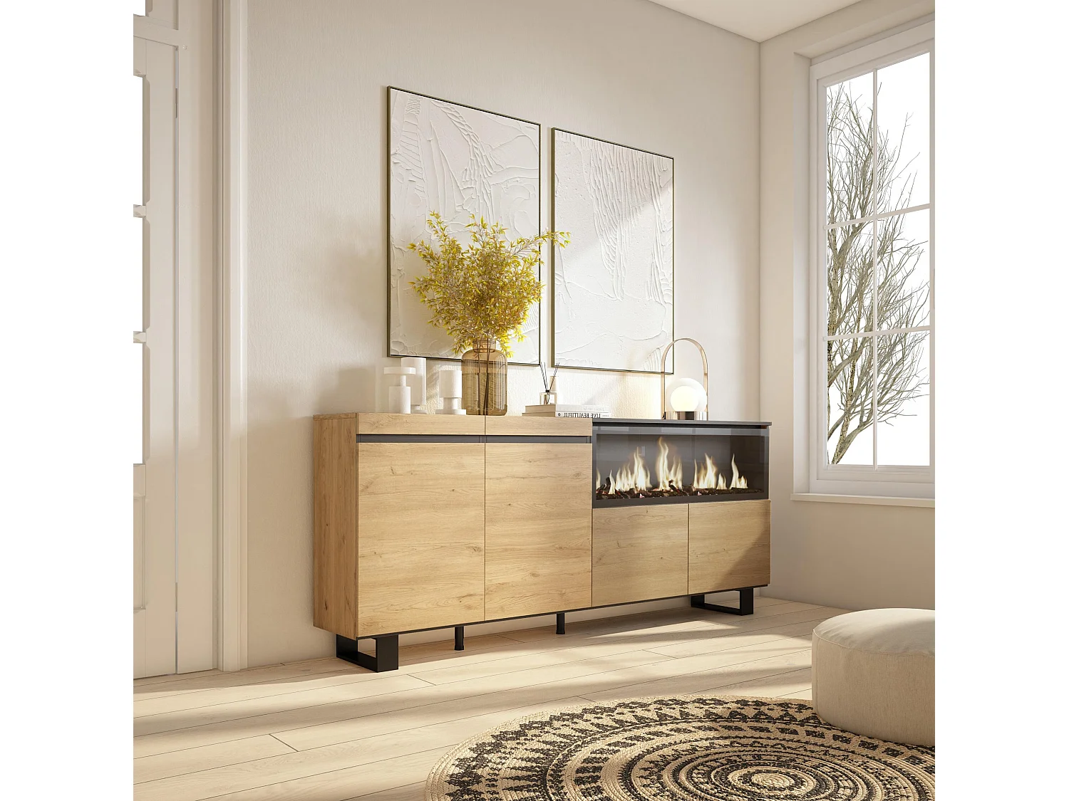 Dressoir, Opbergkast, 208x35x87cm, 4 Deuren, Elektrische haard XXL, Industrieel design, Eiken