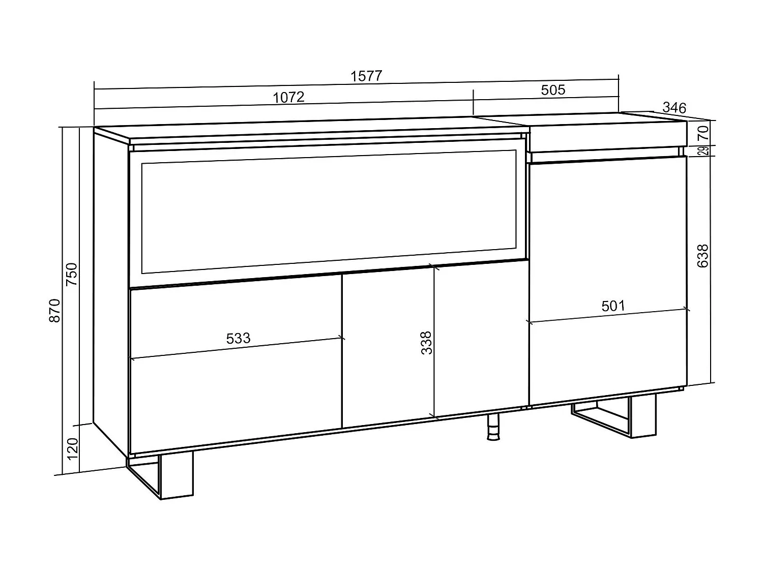 Dressoir, Opbergkast, 158x35x87cm, 3 Deuren, Elektrische haard XXL, Industrieel design, Eiken