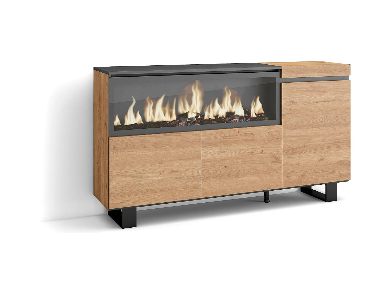 Buffet salon et cuisine, 158x35x87cm, 3 Portes, Cheminée électrique XXL, Design industriel, Chêne
