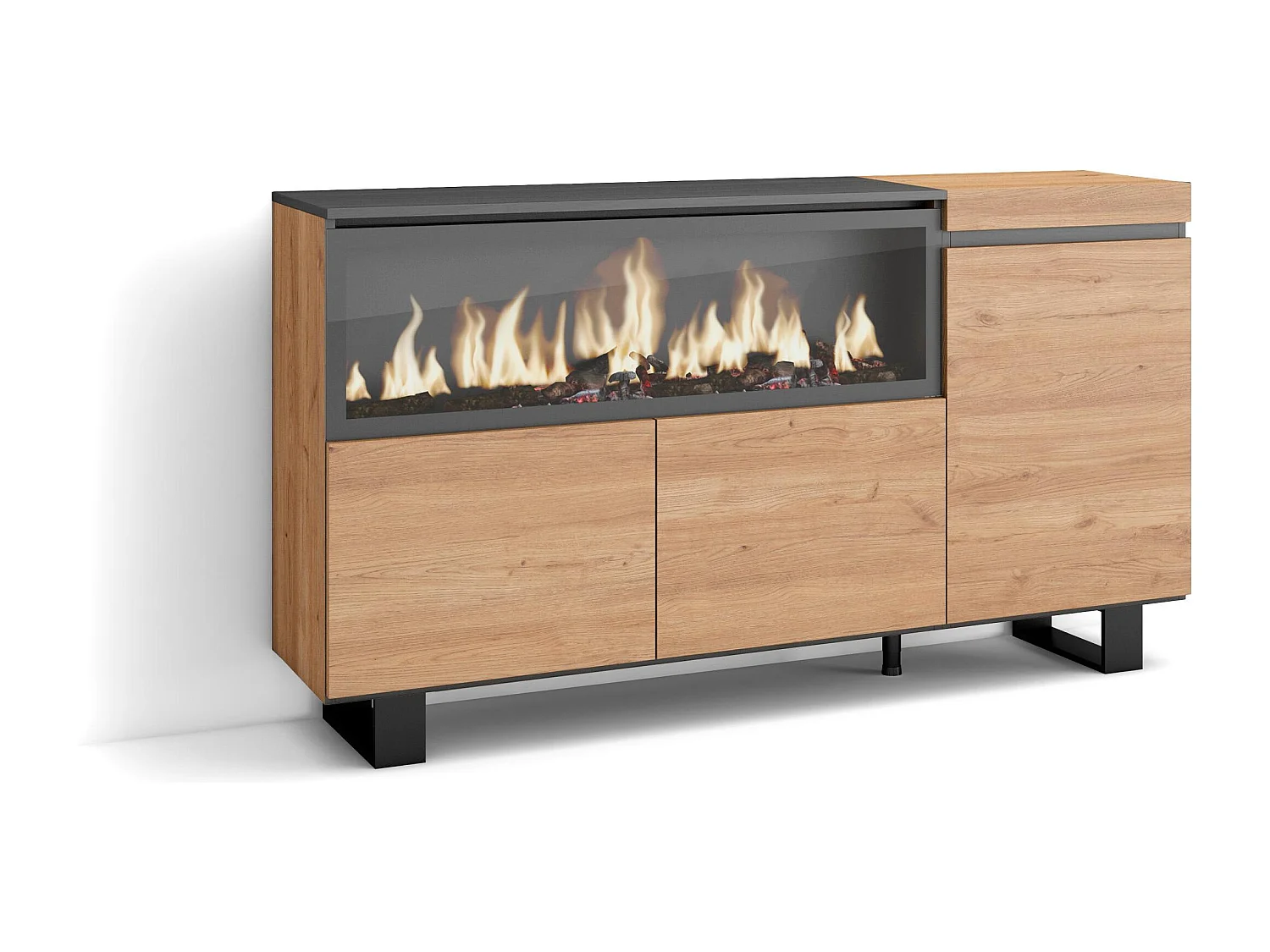 Buffet salon et cuisine, 158x35x87cm, 3 Portes, Cheminée électrique XXL, Design industriel, Chêne