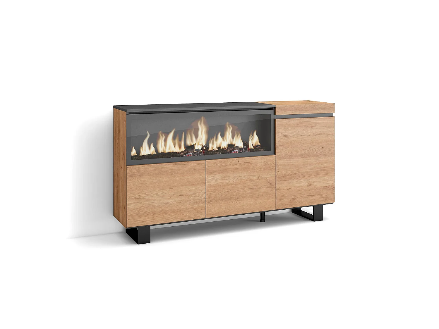 Dressoir, Opbergkast, 158x35x87cm, 3 Deuren, Elektrische haard XXL, Industrieel design, Eiken