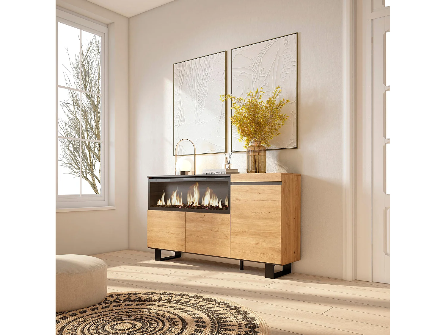 Dressoir, Opbergkast, 158x35x87cm, 3 Deuren, Elektrische haard XXL, Industrieel design, Eiken