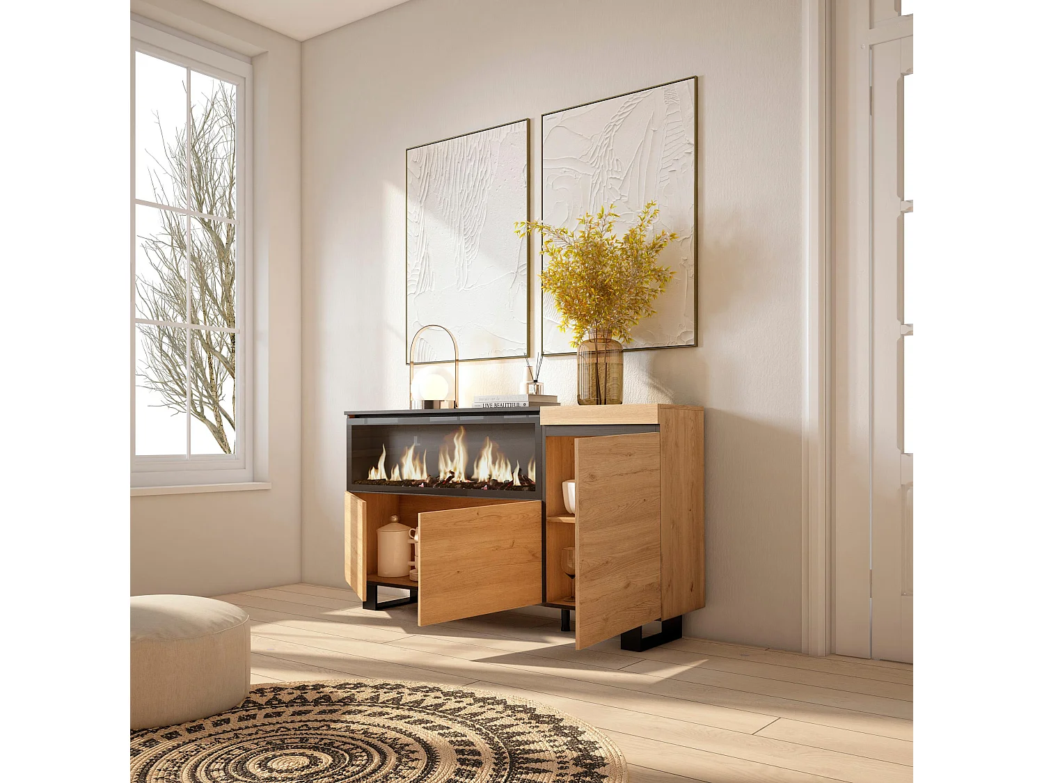 Dressoir, Opbergkast, 158x35x87cm, 3 Deuren, Elektrische haard XXL, Industrieel design, Eiken