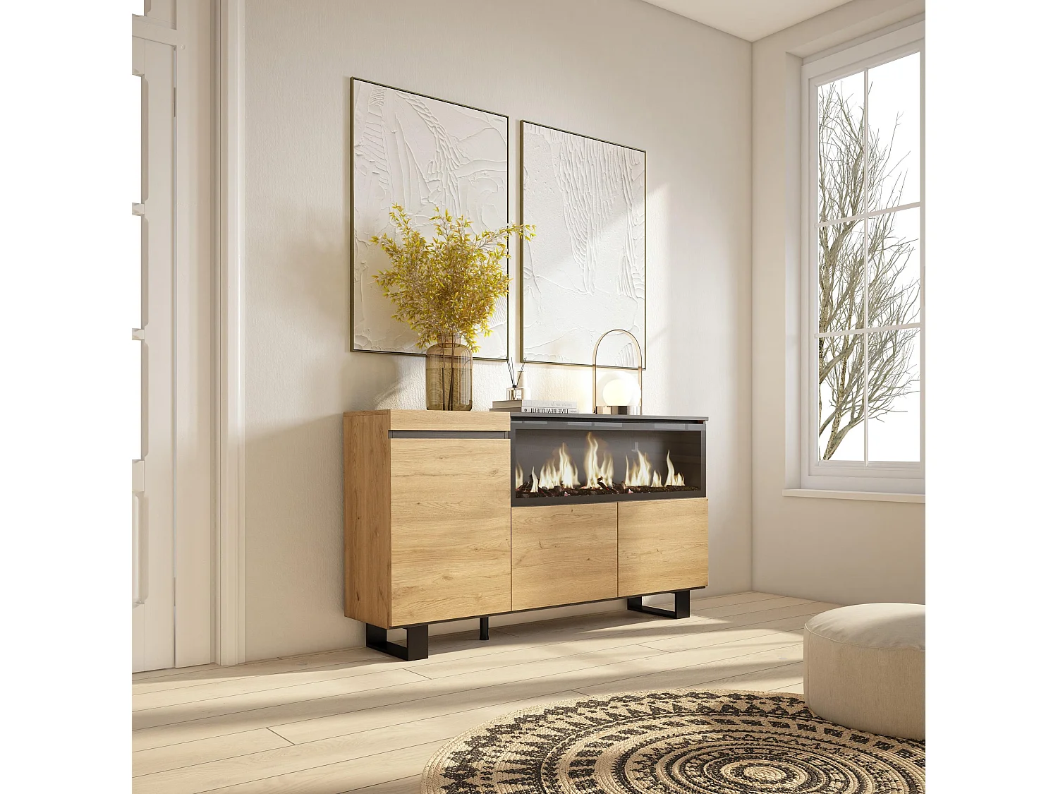 Credenza, Mobile, Cucina, 158x35x75cm, 3 Porte, Camino elettrico XXL, Design industriale, Rovere
