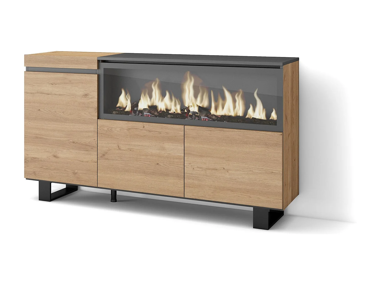 Credenza, Mobile, Cucina, 158x35x75cm, 3 Porte, Camino elettrico XXL, Design industriale, Rovere