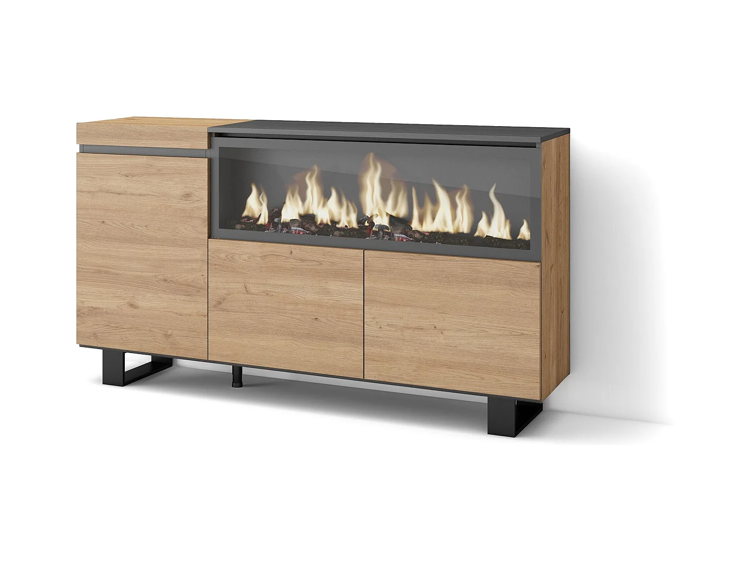 Buffet salon et cuisine, 158x35x87cm, 3 Portes, Cheminée électrique XXL, Design industriel, Chêne