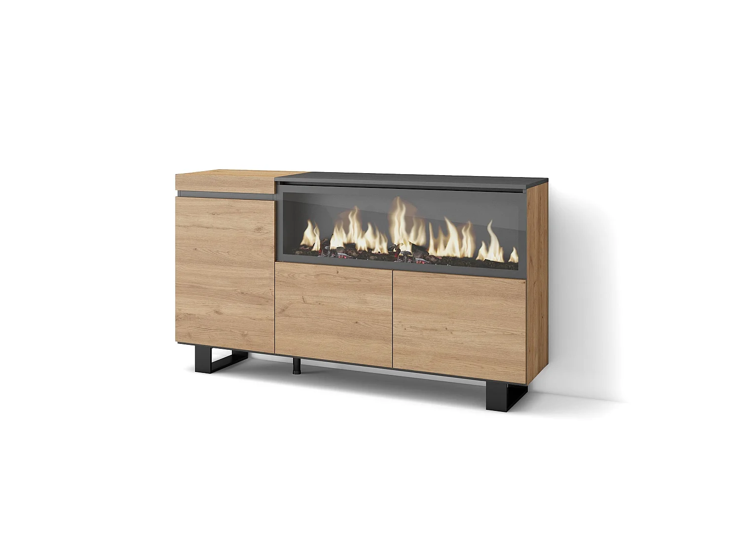 Buffet salon et cuisine, 158x35x87cm, 3 Portes, Cheminée électrique XXL, Design industriel, Chêne