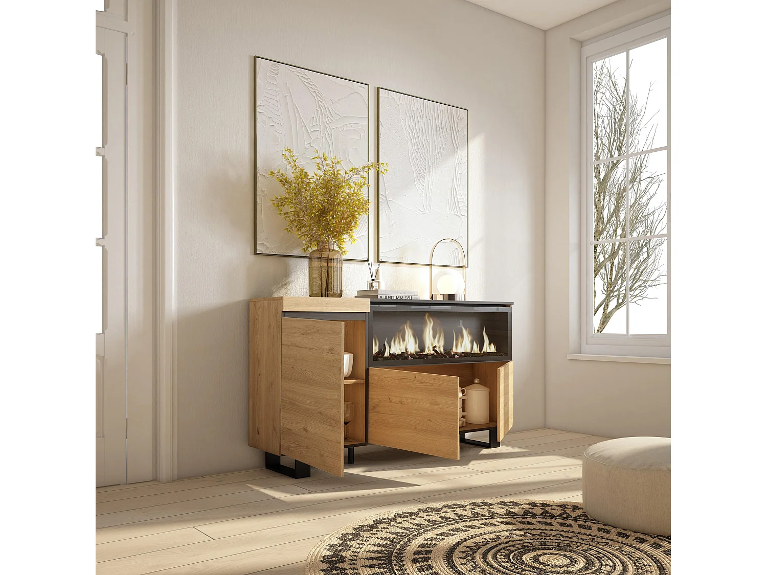 Buffet salon et cuisine, 158x35x87cm, 3 Portes, Cheminée électrique XXL, Design industriel, Chêne