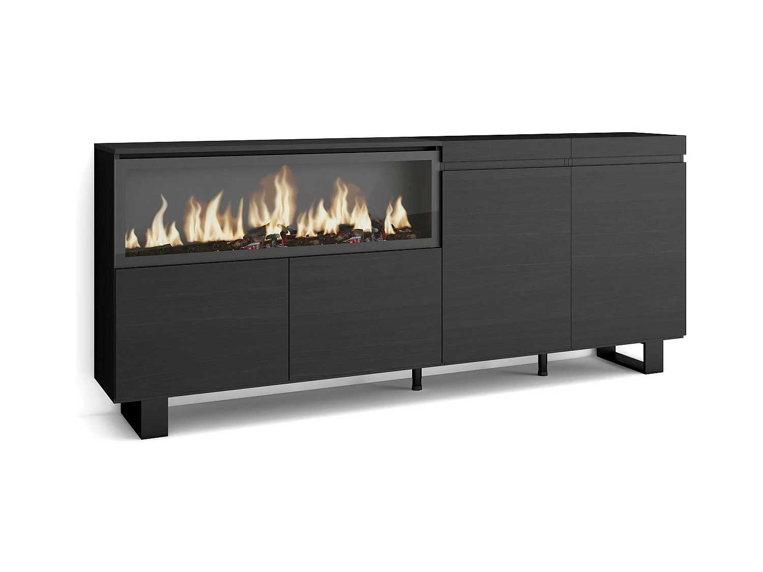 Buffet salon et cuisine, 208x35x87cm, 4 Portes, Cheminée électrique XXL, Design industriel, Noir