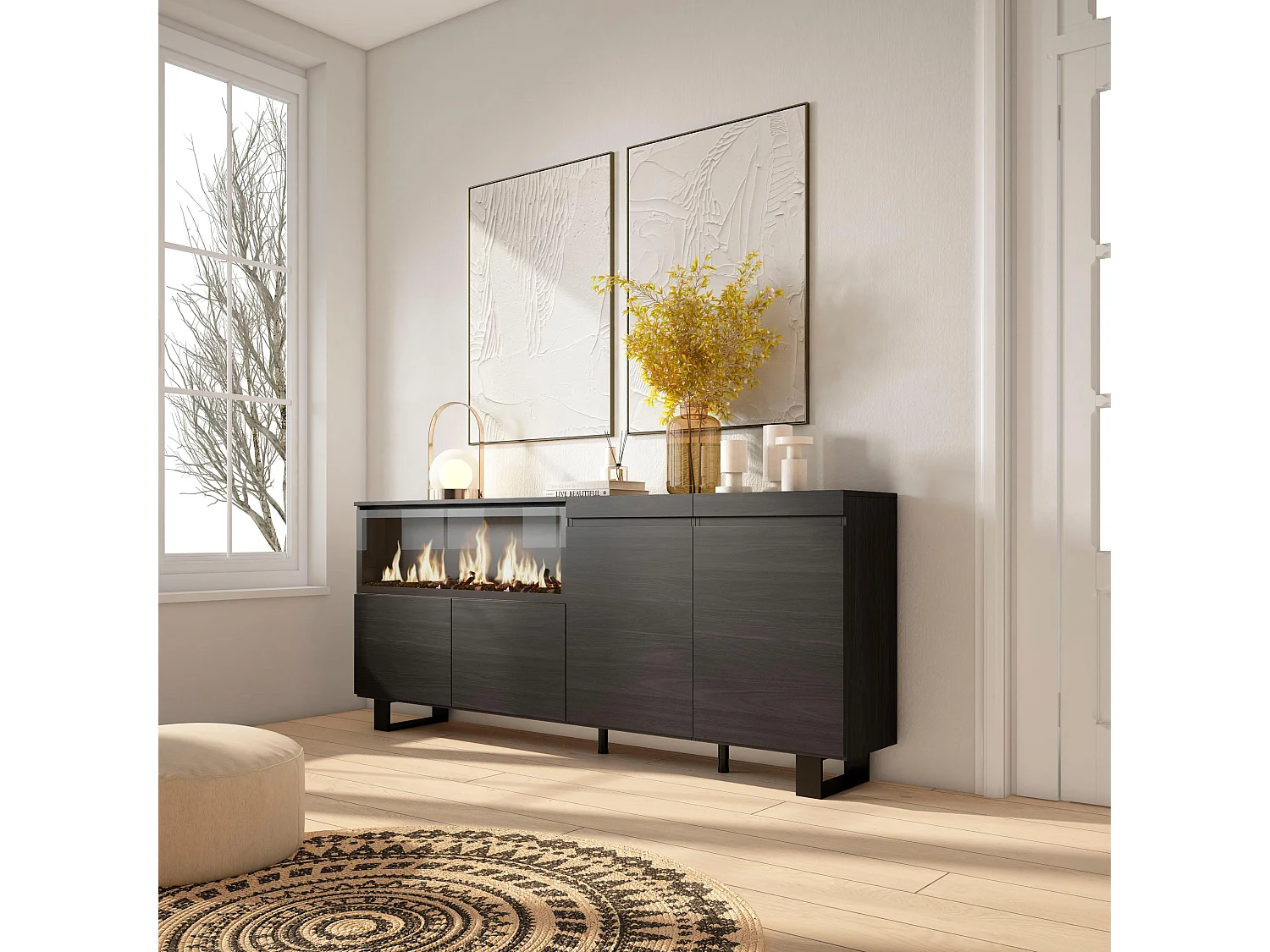 Dressoir, Opbergkast, 208x35x87cm, 4 Deuren, Elektrische haard XXL, Industrieel design, Zwart