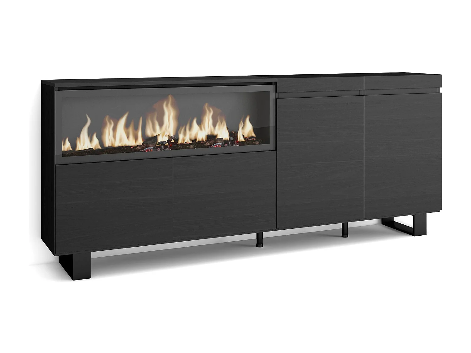 Dressoir, Opbergkast, 208x35x87cm, 4 Deuren, Elektrische haard XXL, Industrieel design, Zwart