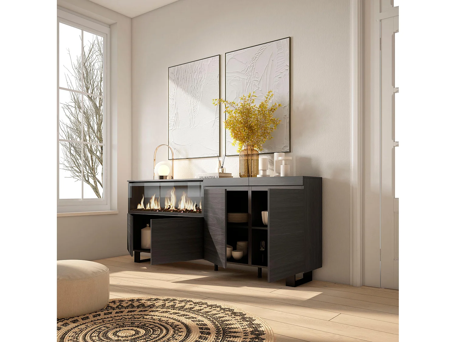 Dressoir, Opbergkast, 208x35x87cm, 4 Deuren, Elektrische haard XXL, Industrieel design, Zwart