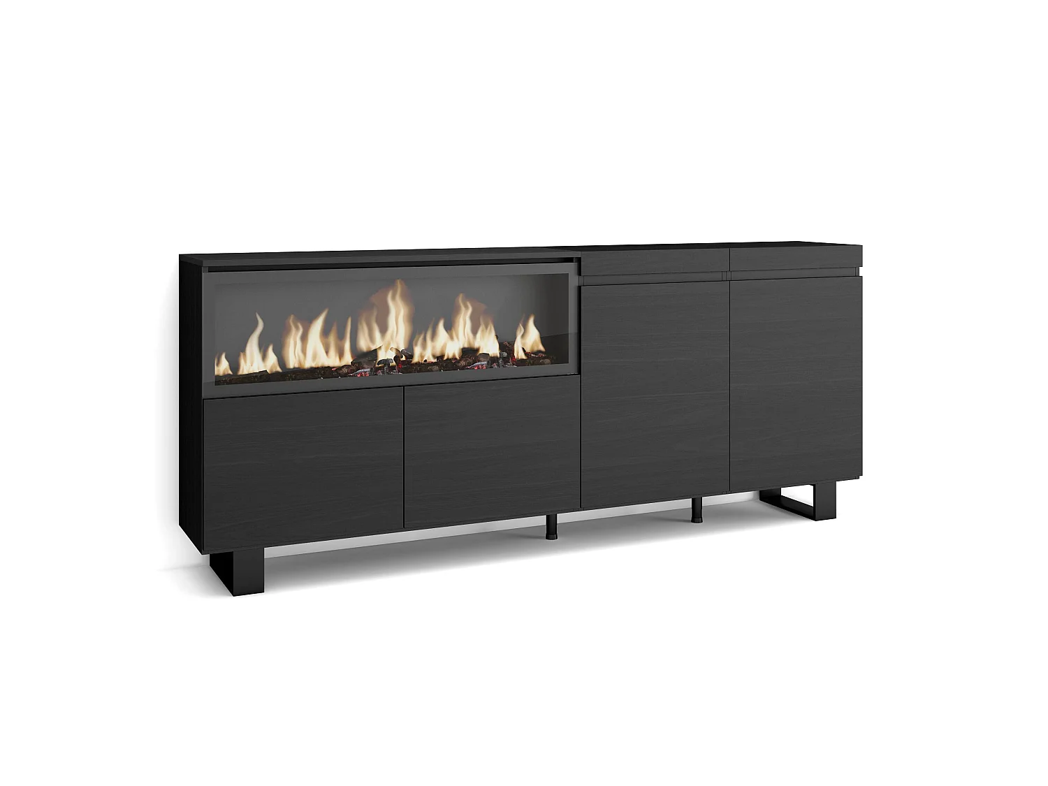 Dressoir, Opbergkast, 208x35x87cm, 4 Deuren, Elektrische haard XXL, Industrieel design, Zwart