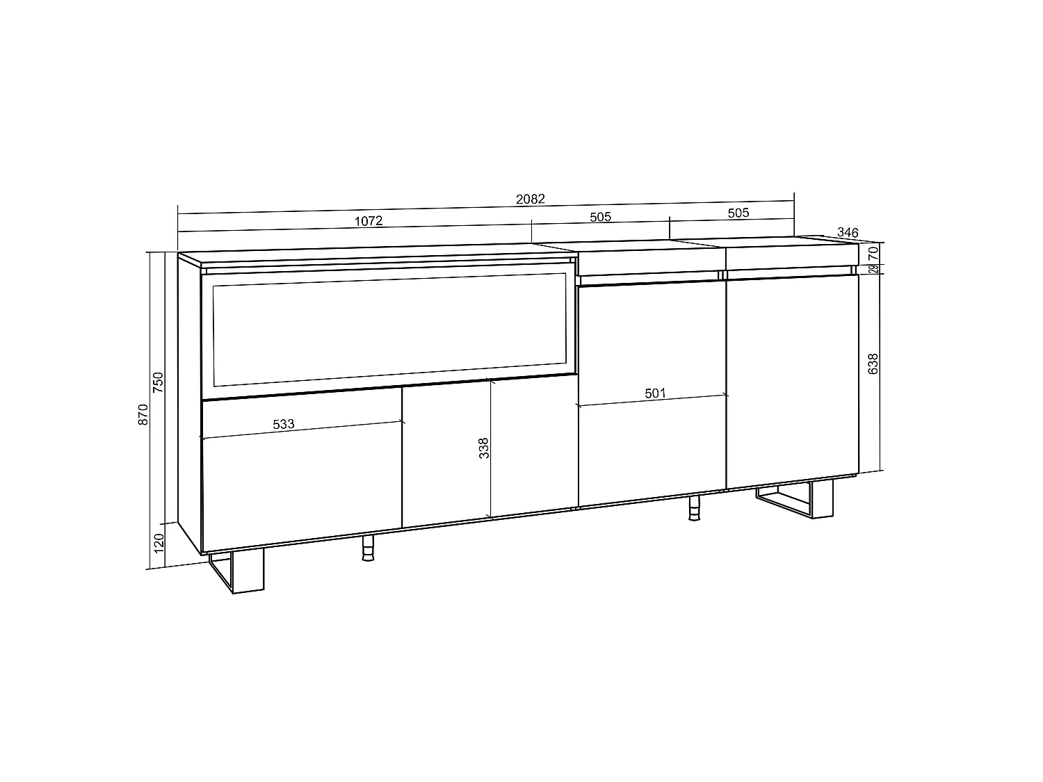 Dressoir, Opbergkast, 208x35x87cm, 4 Deuren, Elektrische haard XXL, Industrieel design, Zwart