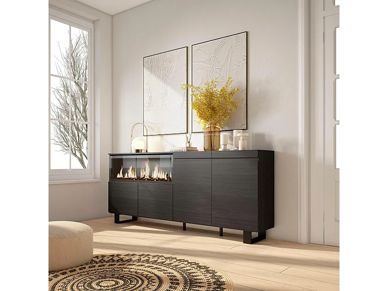 Buffet salon et cuisine, 208x35x87cm, 4 Portes, Cheminée électrique XXL, Design industriel, Noir