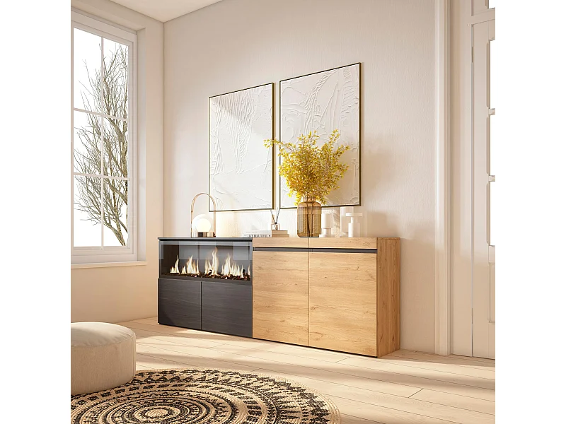 Credenza, Mobile, Cucina, 208x35x75cm, 4 Porte, Camino elettrico XXL, Rovere e nero