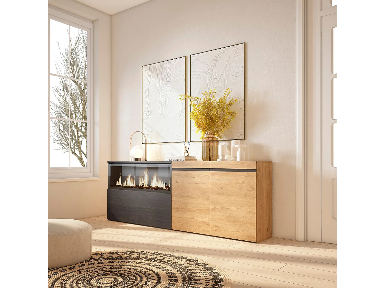 Credenza, Mobile, Cucina, 208x35x75cm, 4 Porte, Camino elettrico XXL, Rovere e nero