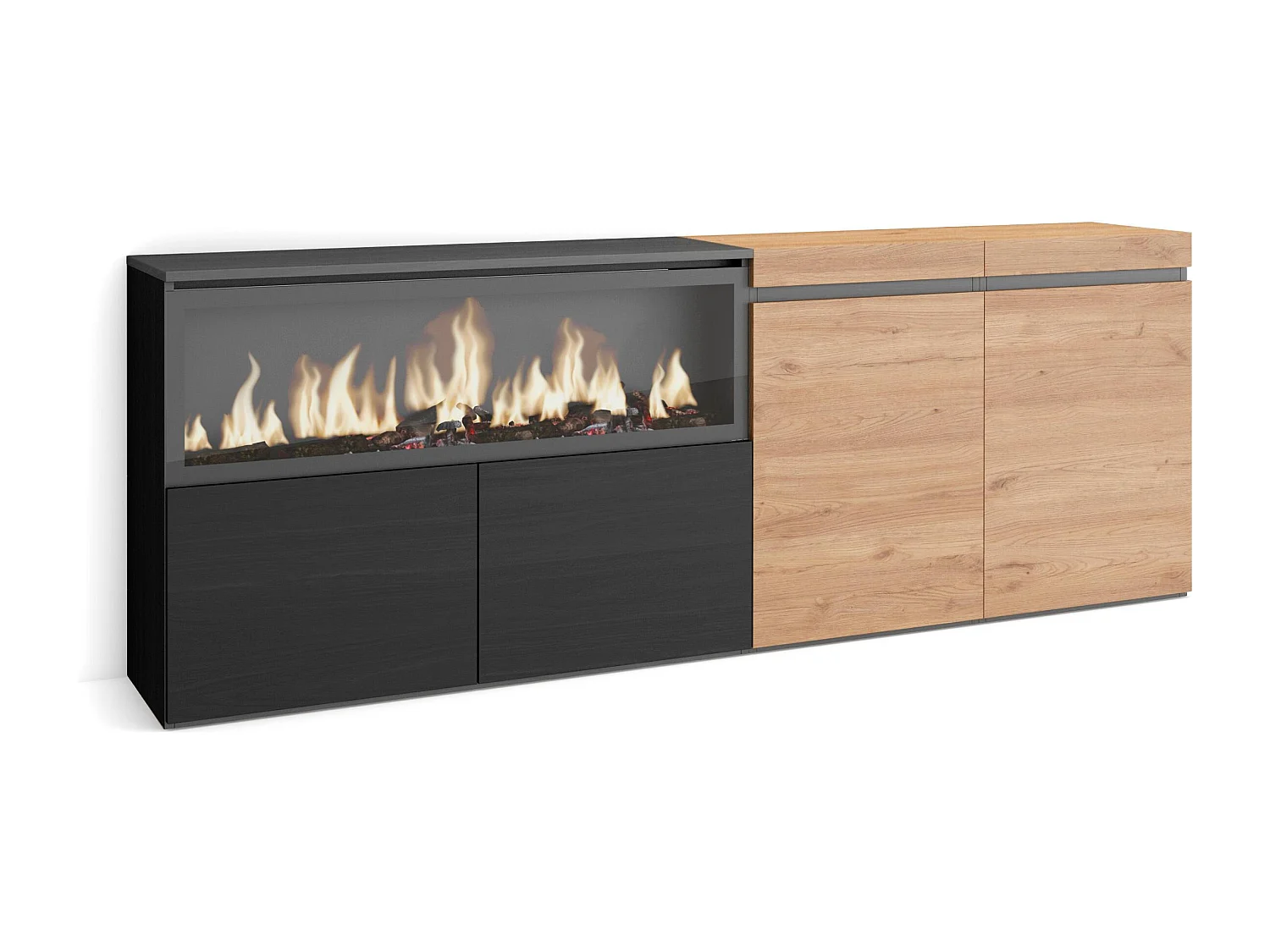 Credenza, Mobile, Cucina, 208x35x75cm, 4 Porte, Camino elettrico XXL, Rovere e nero