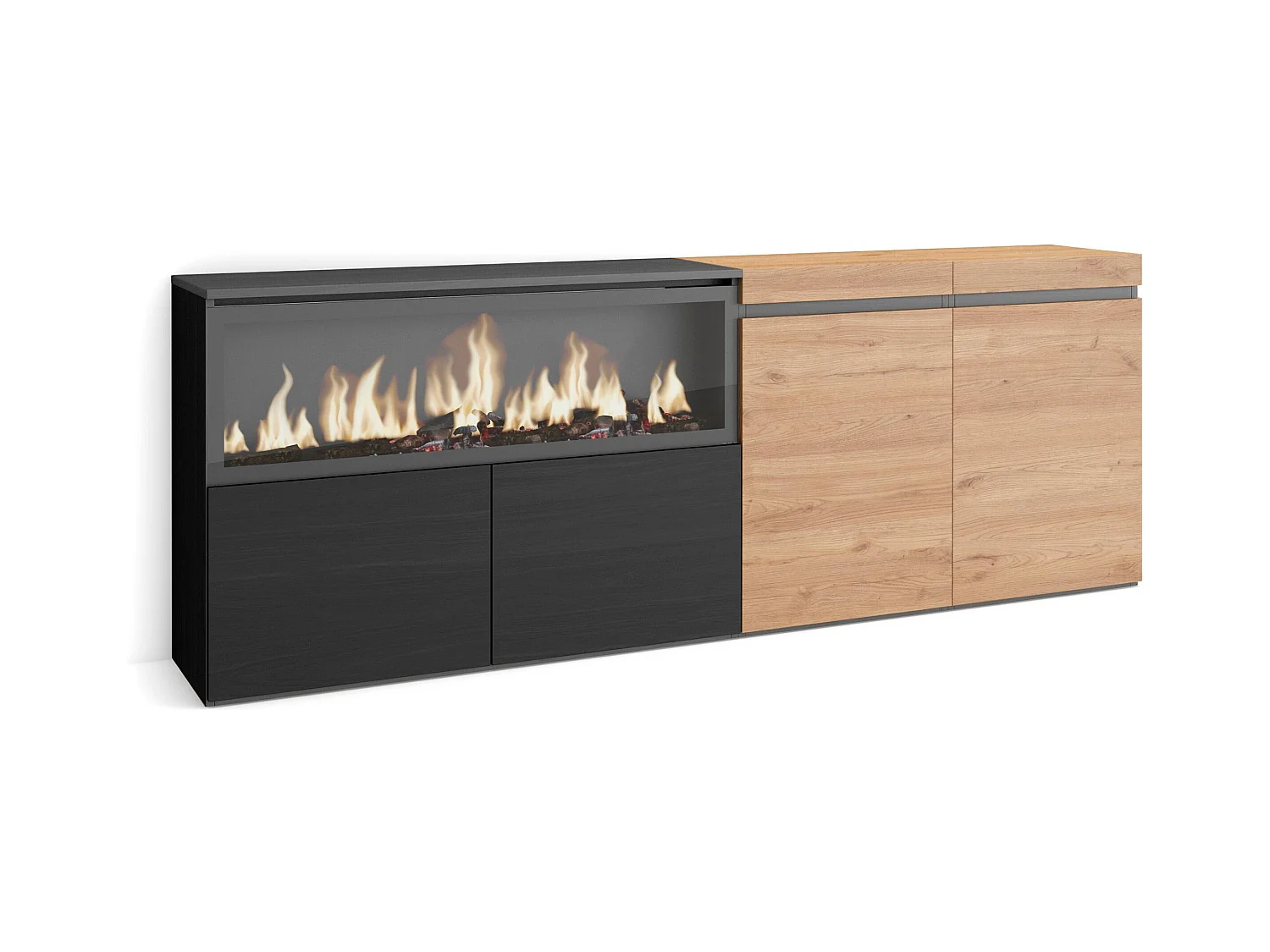 Dressoir, Opbergkast, 208x35x75cm, 4 Deuren, Elektrische haard XXL, Eiken/Zwart