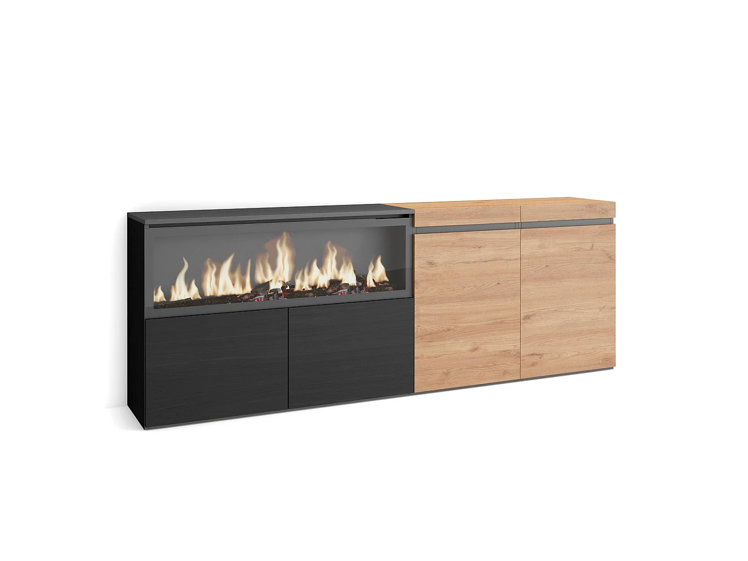 Buffet salon et cuisine, 208x35x75cm, 4 Portes, Cheminée électrique XXL, Chêne et noir