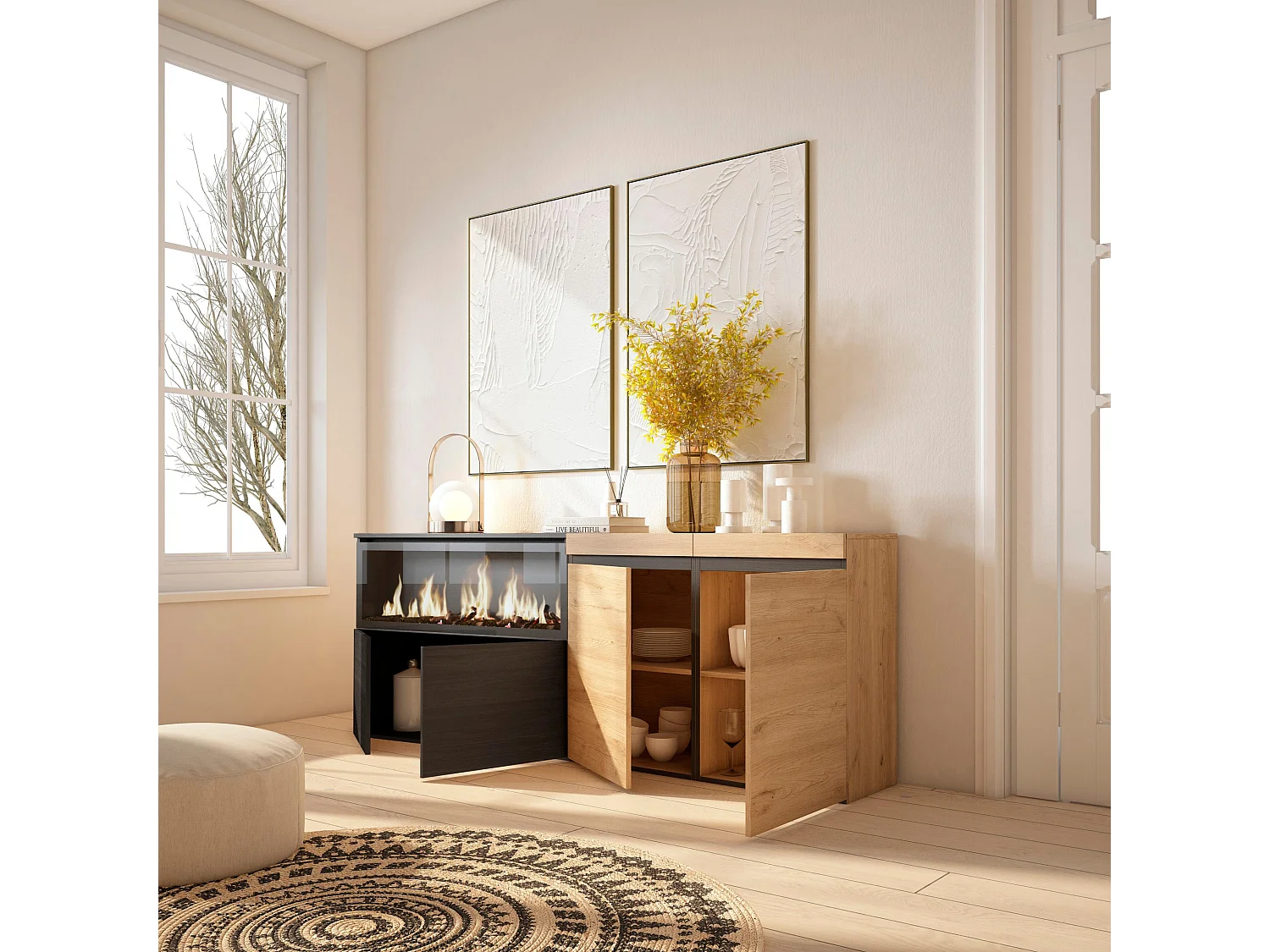 Buffet salon et cuisine, 208x35x75cm, 4 Portes, Cheminée électrique XXL, Chêne et noir
