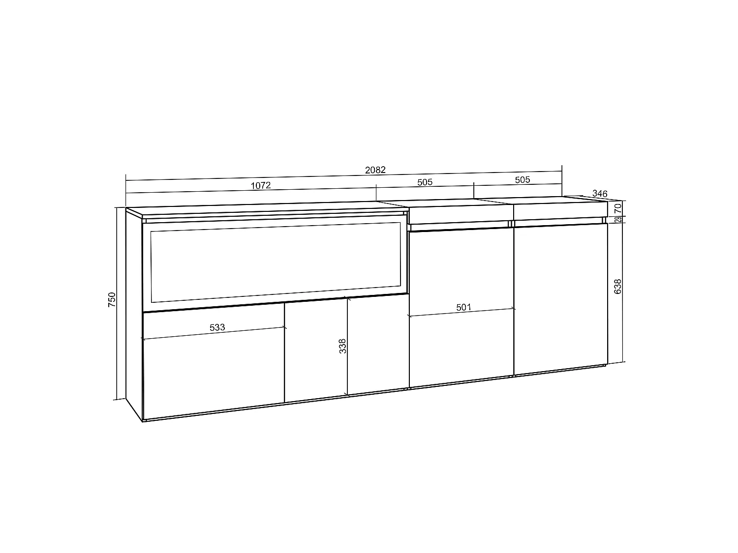 Buffet salon et cuisine, 208x35x75cm, 4 Portes, Cheminée électrique XXL, Chêne et noir