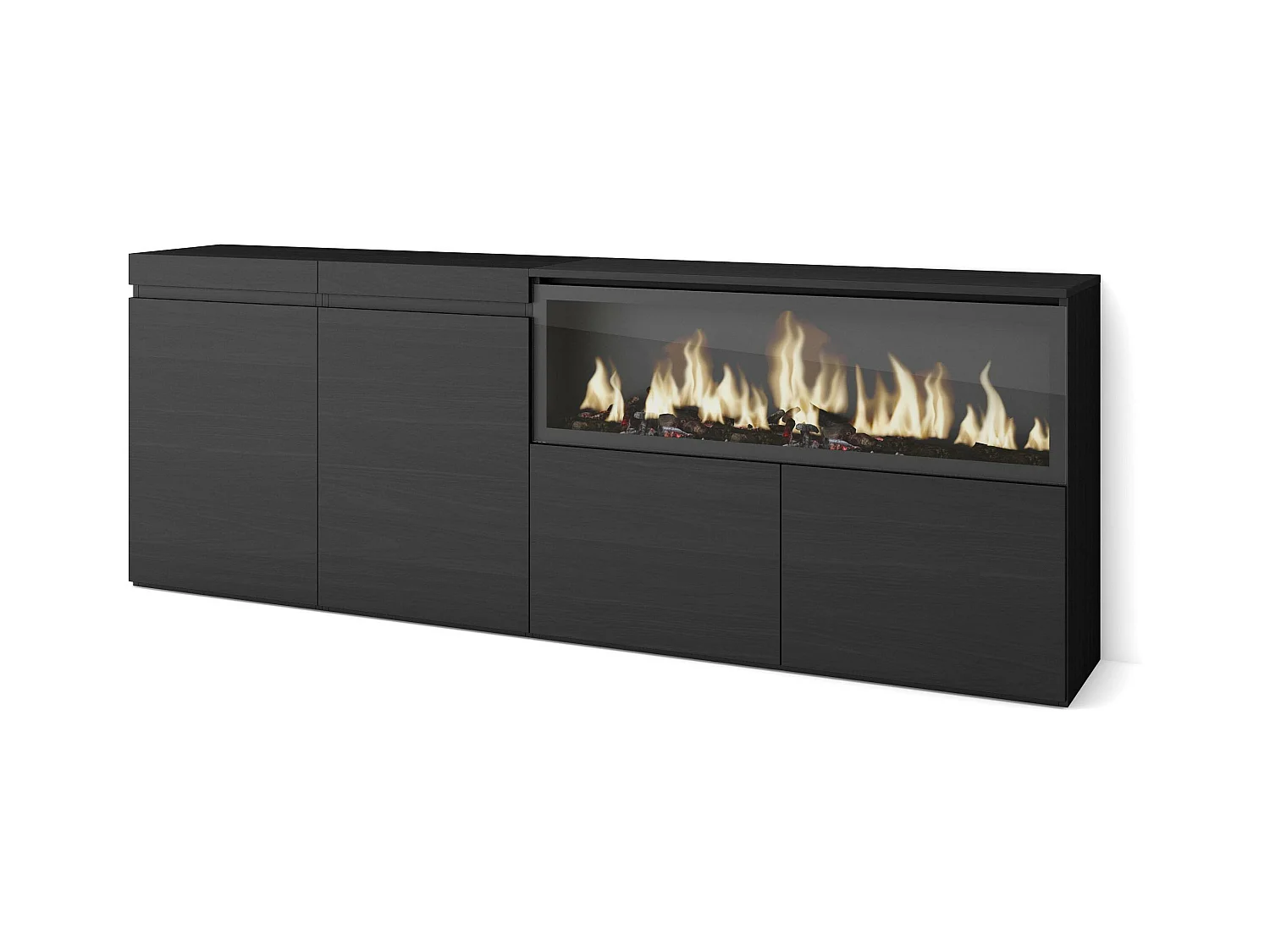 Sideboard, Highboard, 208x35x75cm, 4 Türen, Elektrokamin XXL, Schwarz