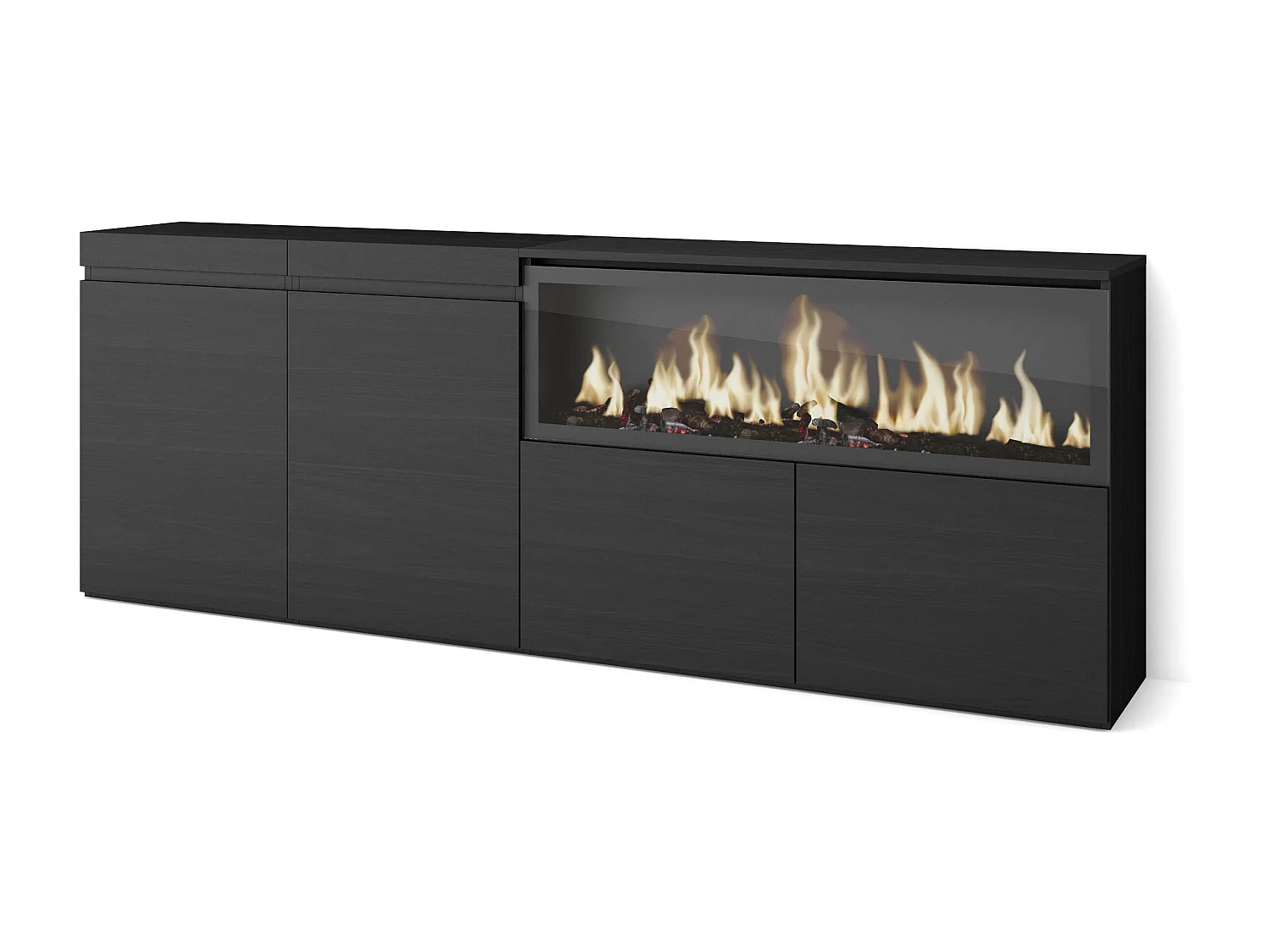 Aparador sala de jantar, 208x35x75cm, 4 Portas, Lareira eléctrica XXL, Preto