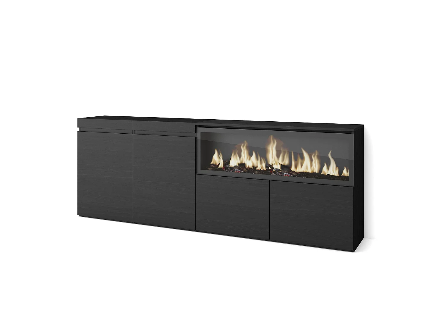 Dressoir, Opbergkast, 208x35x75cm, 4 Deuren, Elektrische haard XXL, Zwart