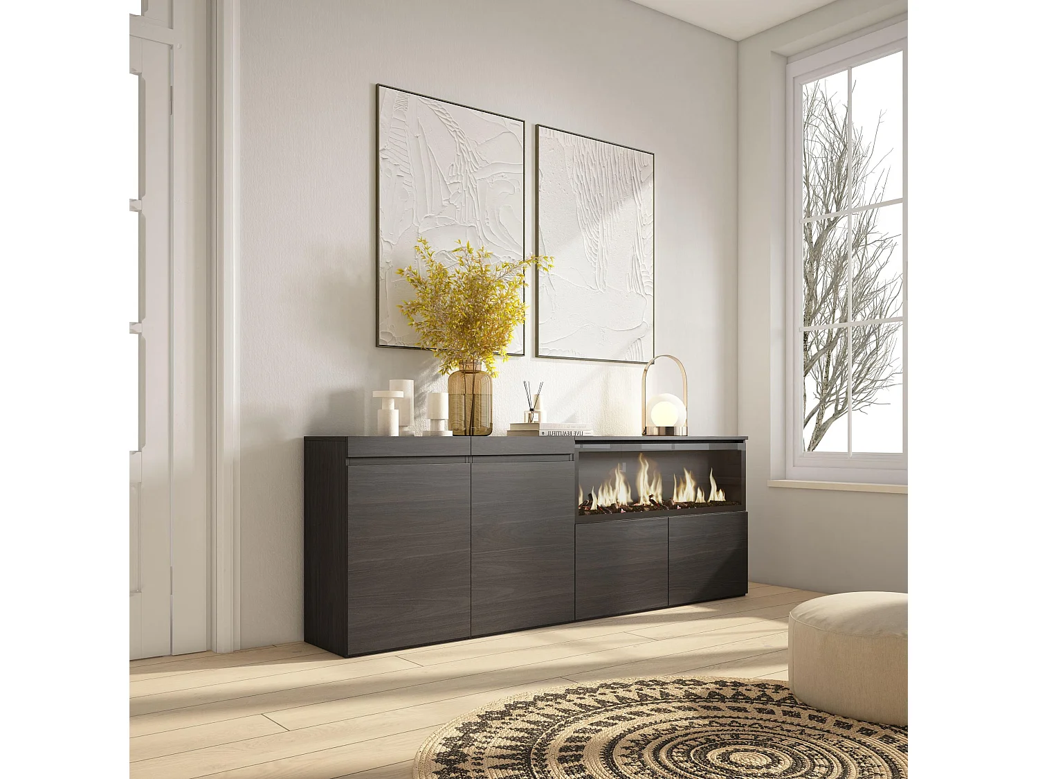 Dressoir, Opbergkast, 208x35x75cm, 4 Deuren, Elektrische haard XXL, Zwart