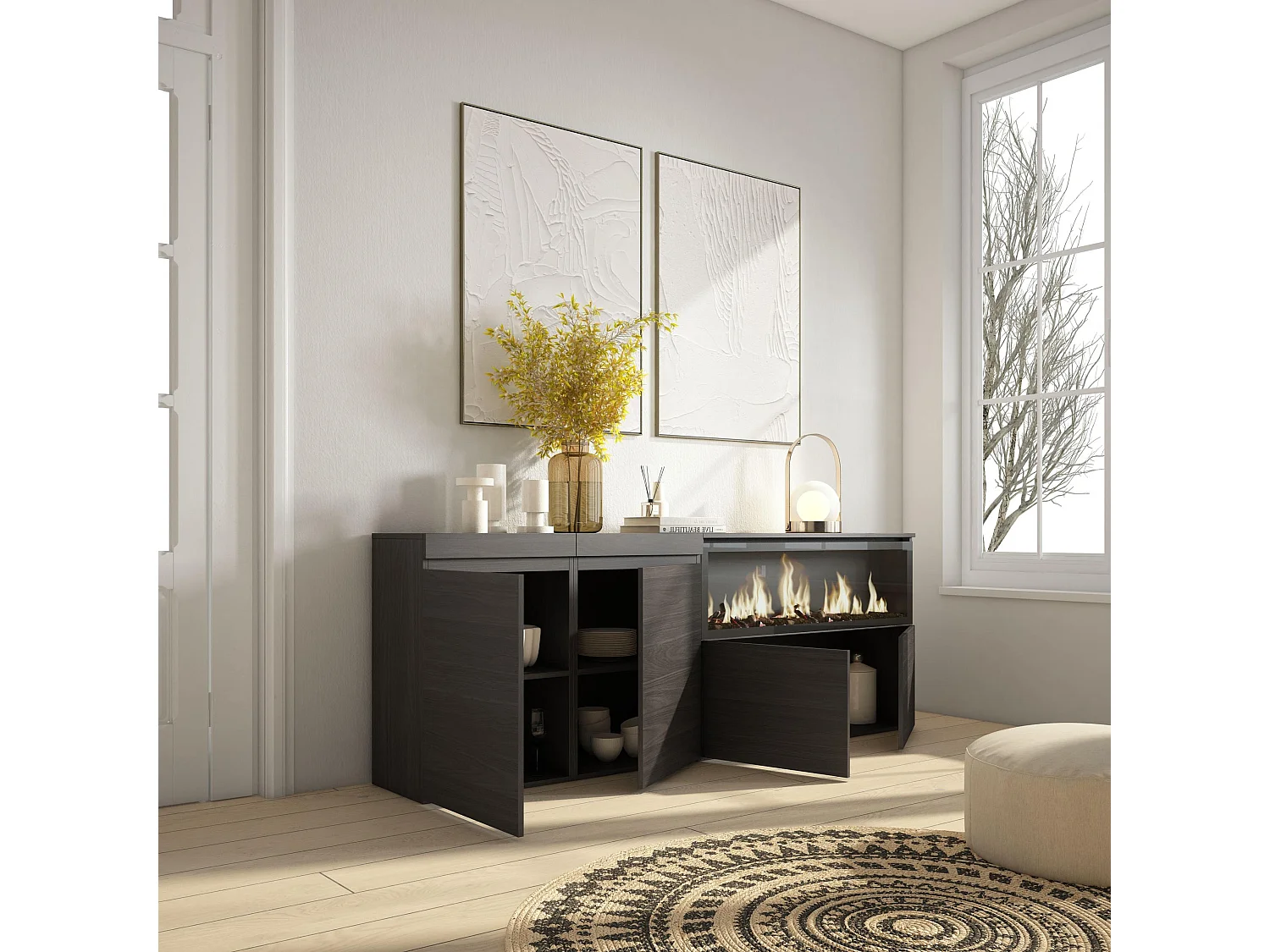 Dressoir, Opbergkast, 208x35x75cm, 4 Deuren, Elektrische haard XXL, Zwart